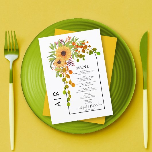 Menu Mariage de automne de tournesol, arc et monogramme