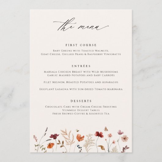 Menu Mariage de automne Fleur sauvage Boho (Devant)