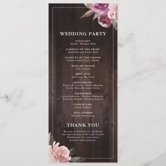 Menu Mariage de bois rustique mauve et mûrier (Dos)