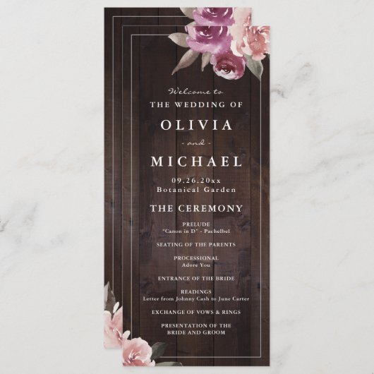 Menu Mariage de bois rustique mauve et mûrier (Devant / Derrière)