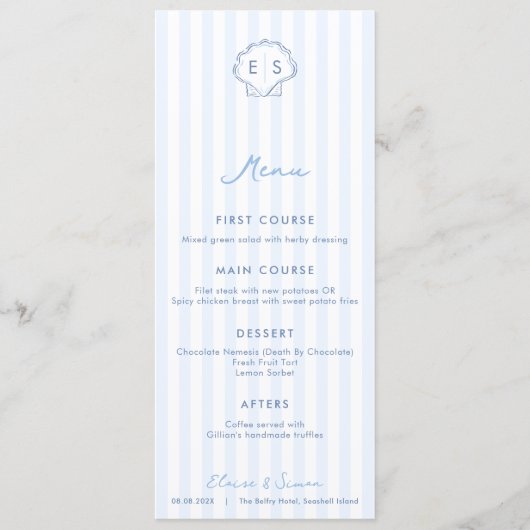 Menu Mariage de bord de mer bleu et blanc Monogram Seas (Devant)