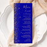 Menu Mariage de bord Royal Blue Gold Parties scintillan<br><div class="desc">Le bord gauche de cet élégant menu mariage moderne présente un style de parties scintillant en faux or. Le texte personnalisable combine écriture manuscrite couleur or pâle,  cuivre et polices italiques sur un arrière - plan bleu royal. L'envers affiche une parties scintillant bleu royal et or assortie.</div>