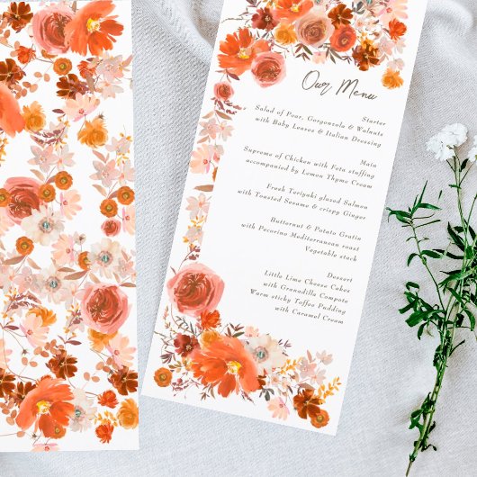 Menu Mariage de bouquet à cadre floral orange brulé bla