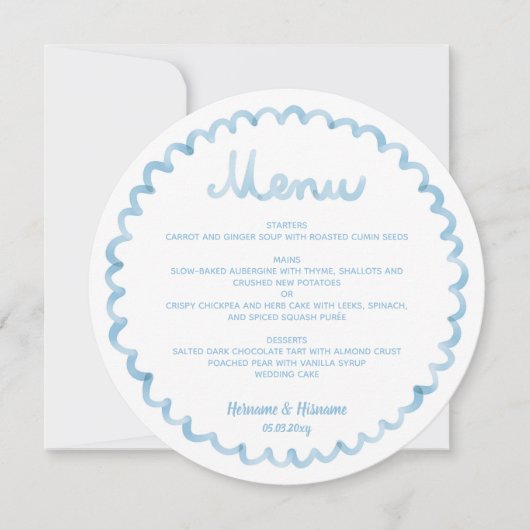 Menu Mariage de cadre bleu blanc arrondi (Devant)