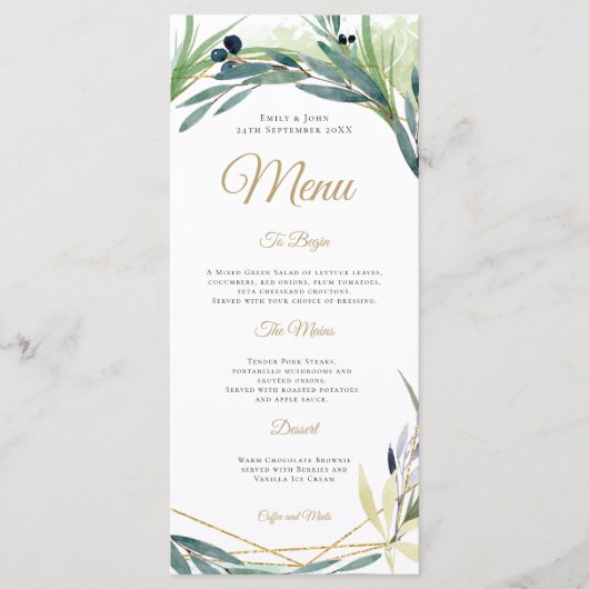 Menu Mariage de cadre géométrique feuille d'olive aquar (Devant)