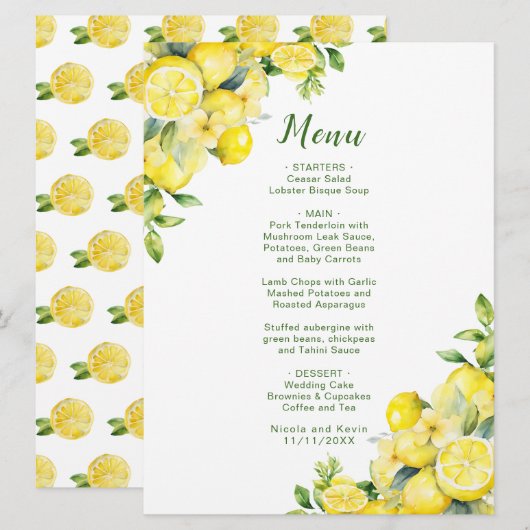 Menu Mariage de cadre vert citron italien (Devant / Derrière)