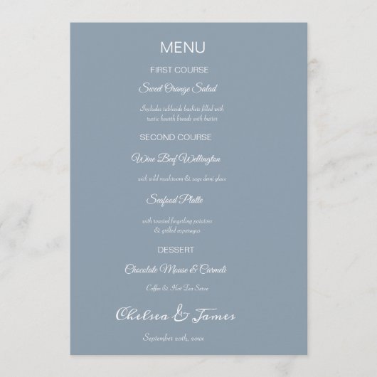 Menu Mariage de calligraphie bleu Dusty personnalisé (Devant)