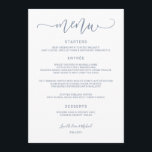 Menu Mariage de calligraphie de rebond Tourbillonnant (<br><div class="desc">Tourbillonnant Bouncy Calligraphy Mariage Menu (Dusty Blue) : Ce beau menu mariage présente un script de calligraphie bleu roux et tourbillonnant en haut. Le dos a une texture en bois que vous pouvez faire pivoter, changer la couleur de base ou supprimer totalement si vous le souhaitez. Modifiez le texte et...</div>