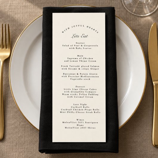 Menu Mariage de calligraphie formel noir et crème