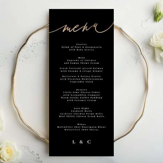 Menu Mariage de calligraphie moderne Black White Gold