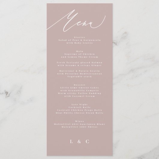 Menu Mariage de calligraphie moderne moderne rose (Devant)