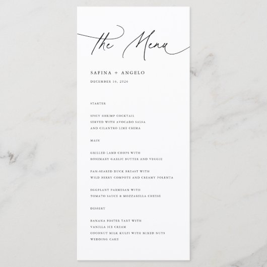 Menu Mariage de calligraphie moderne noir et blanc (Devant)