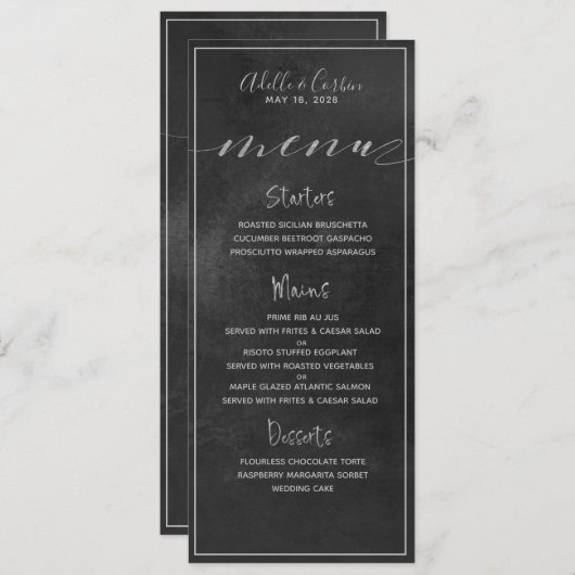 Menu Mariage de calligraphie noir en carton noir (Devant / Derrière)