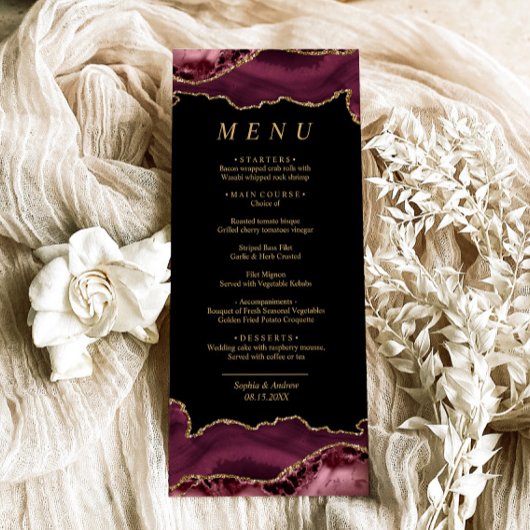 Menu Mariage de calligraphie or noir et bordeaux