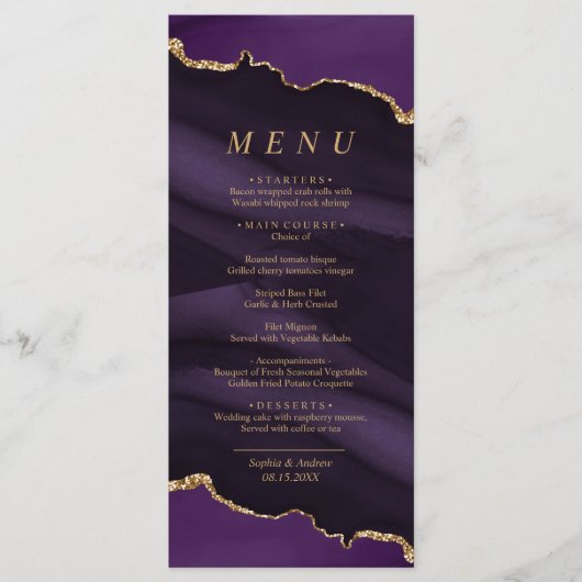 Menu Mariage de calligraphie or noir et violet (Devant)