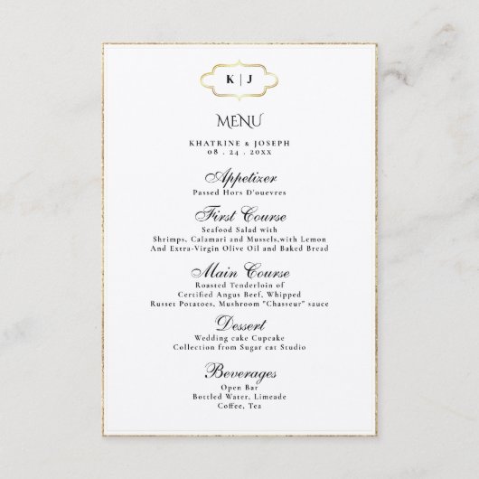 MENU MARIAGE DE CALLIGRAPHIE ROMANTIQUE MONOGRAMME (Devant)