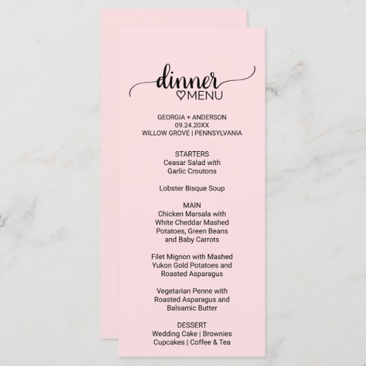 Menu Mariage de calligraphie simple rose (Devant / Derrière)