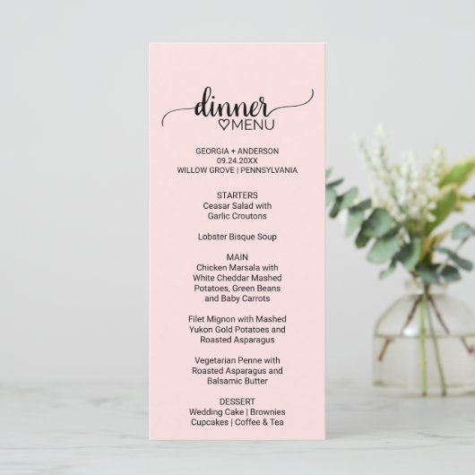 Menu Mariage de calligraphie simple rose (Debout devant)