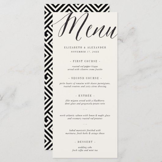 Menu Mariage de clé grec géométrique de script simple c (Devant / Derrière)