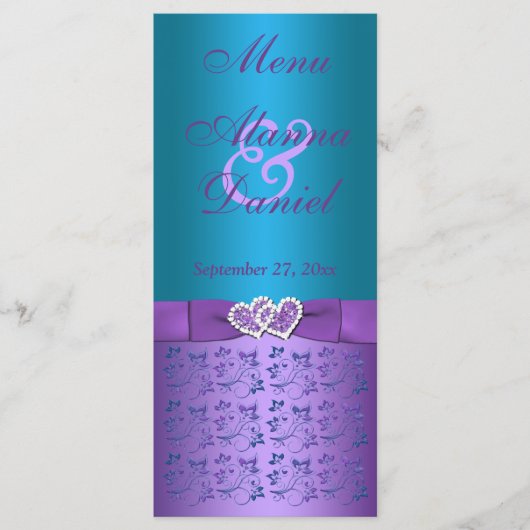 Menu Mariage de Coeurs Floraux violets et turquois (Devant)