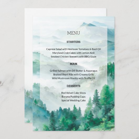 Menu Mariage de collines vertes et blanches (Devant / Derrière)