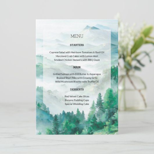 Menu Mariage de collines vertes et blanches (Debout devant)