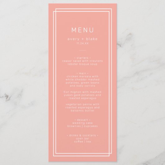 Menu Mariage de corail doux AVERTISSEMENT Peach Minimal (Devant)