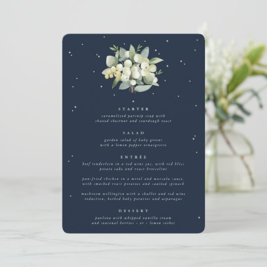 Menu Mariage de cours Dark Navy Snowberry+Eucalyptus 4 (Debout devant)