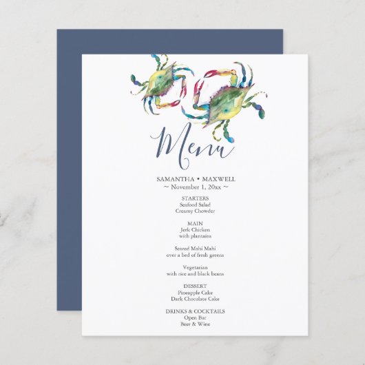 Menu Mariage de crabe bleu aquarelle (Devant / Derrière)