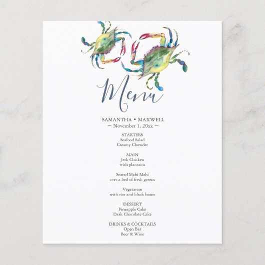 Menu Mariage de crabe bleu aquarelle (Devant)