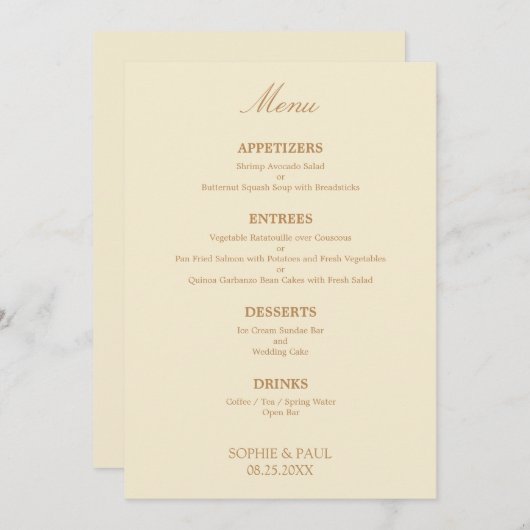 Menu Mariage de créme beige élégant (Devant / Derrière)