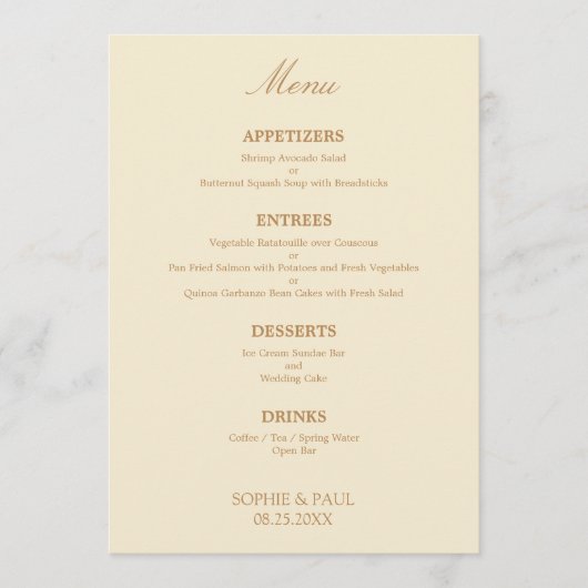 Menu Mariage de créme beige élégant (Devant)