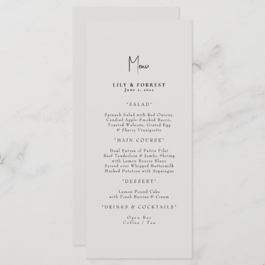 Menu Mariage de crème simple (Devant / Derrière)