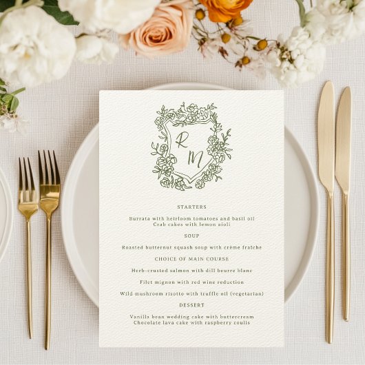 Menu Mariage de crête de Monogramme vert floral tiré à