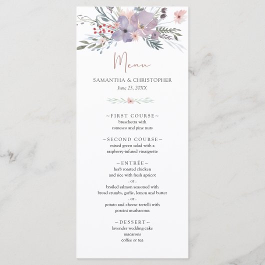 Menu Mariage de cuivre violet Fleur sauvage d'aquarelle (Devant)