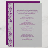 Menu Mariage de défilement floral violet et argent (Devant / Derrière)