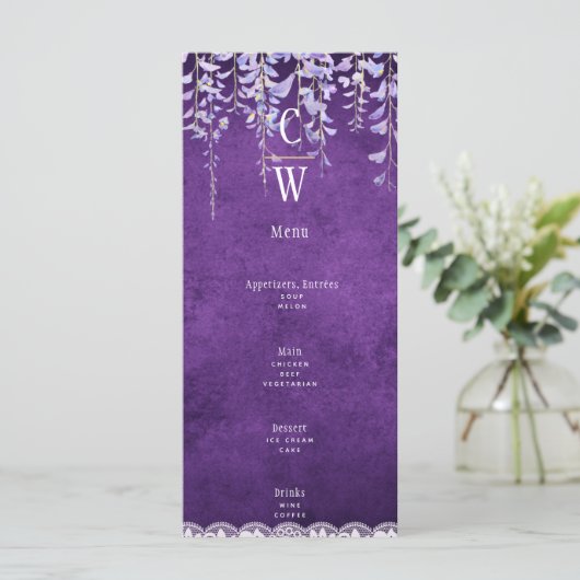 Menu Mariage de dentelle moderne violet (Debout devant)