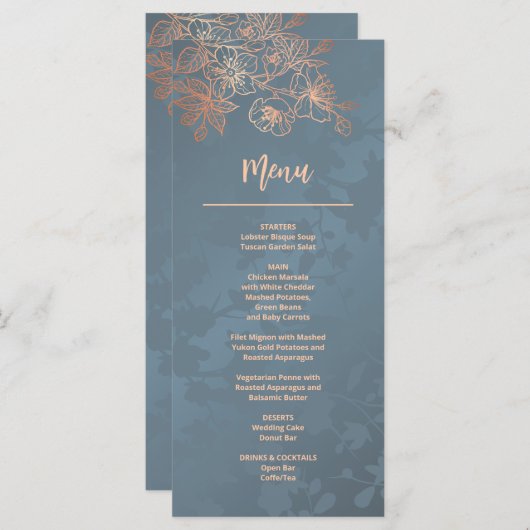 Menu Mariage de dessin au trait floral en or rose (Devant / Derrière)