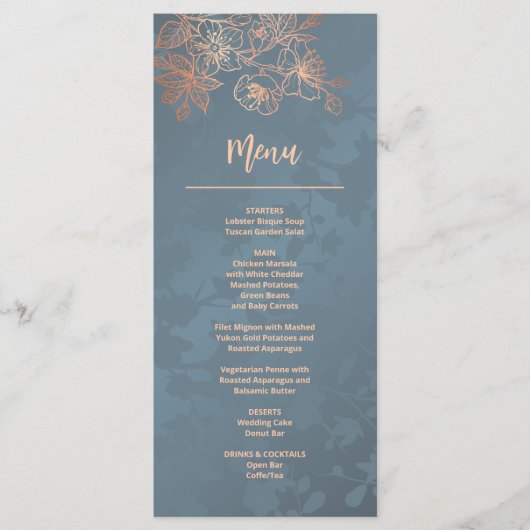 Menu Mariage de dessin au trait floral en or rose (Devant)