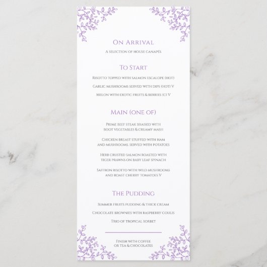 Menu mariage de dessin de feuille blanche violet (Dos)