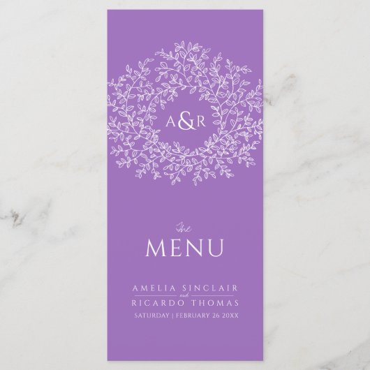 Menu mariage de dessin de feuille blanche violet (Devant)