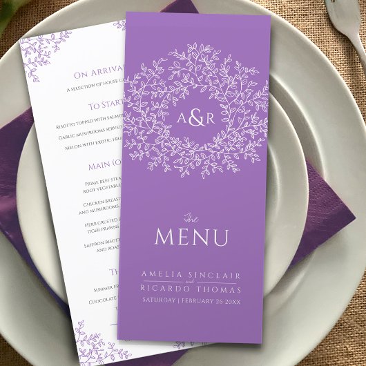 Menu mariage de dessin de feuille blanche violet