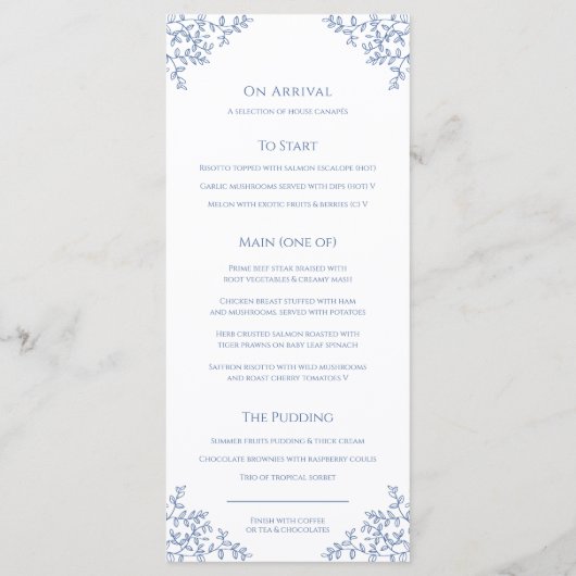 Menu mariage de dessin en feuille bleue et blanche (Dos)