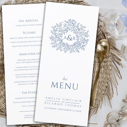 Menu mariage de dessin en feuille bleue et blanche