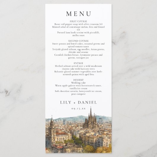 Menu Mariage de destination à l'aquarelle à Barcelone (Devant)