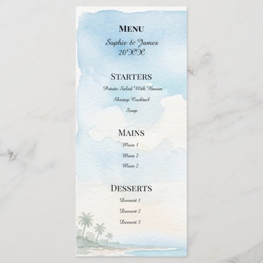 Menu Mariage de destination de plage à l'aquarelle (Devant)