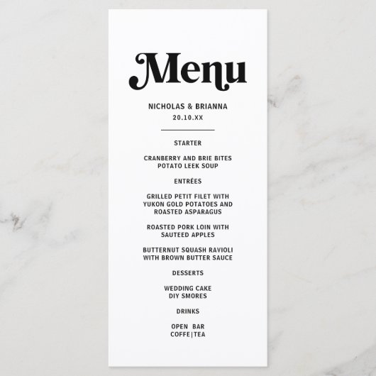 Menu Mariage de disco rétro noir et blanc (Devant)
