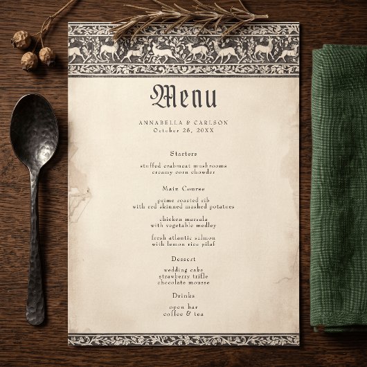 Menu Mariage de fantasy médiéval noir gravure vintage