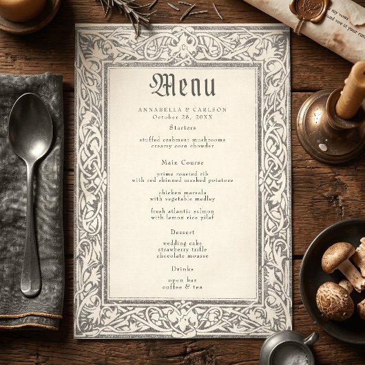Menu Mariage de fantasy médiéval noir gravure vintage