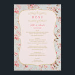 Menu Mariage de fête de jardin floral doré rose vintage<br><div class="desc">La conception de la carte de menu de dîner de mariage sur le thème de la fête de jardin vintage présente un beau motif de roses florales qui encadre le libellé et les couleurs pastel douces - rose blush,  bleu vert vintage et or.</div>